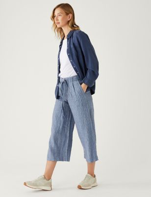 Pure Linen Striped Wide Leg Cropped Trousers