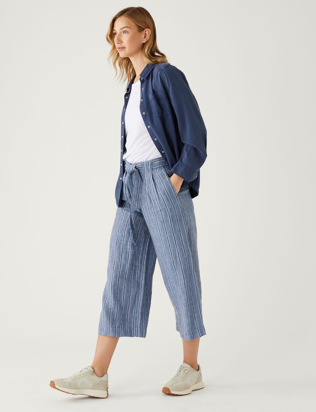 Pure Linen Striped Wide Leg Cropped Trousers image 1