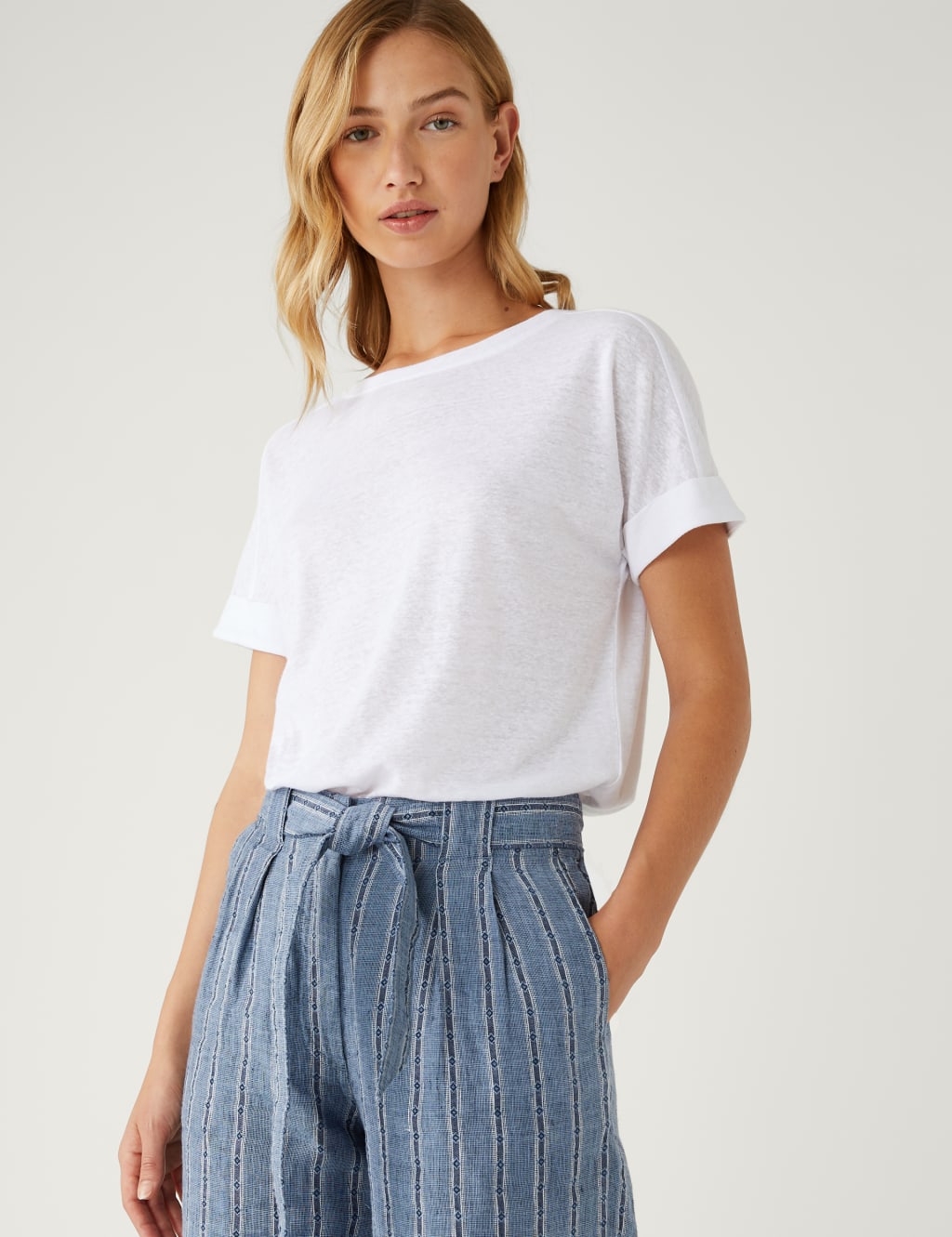 Pure Linen Striped Wide Leg Cropped Trousers image 2