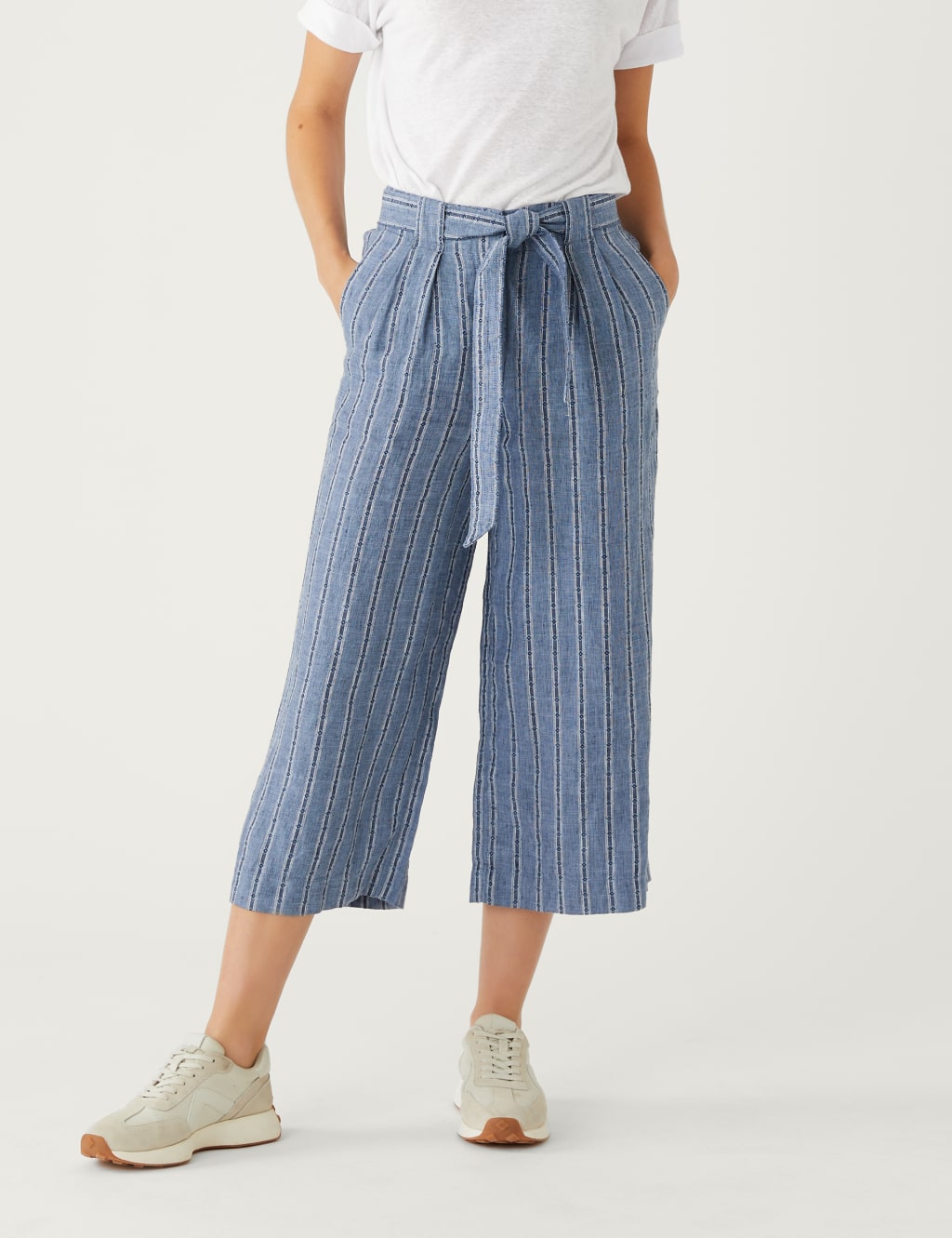 Pure Linen Striped Wide Leg Cropped Trousers image 3