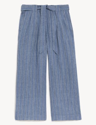Pure Linen Striped Wide Leg Cropped Trousers