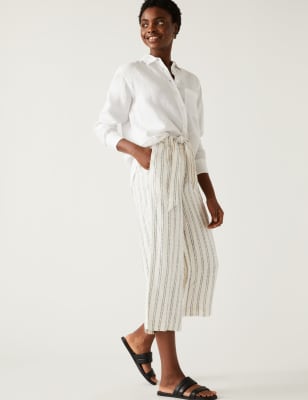 

Womens M&S Collection Pure Linen Striped Wide Leg Cropped Trousers - Ecru Mix, Ecru Mix