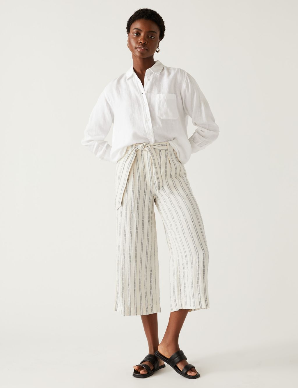 Pure Linen Striped Wide Leg Cropped Trousers image 2