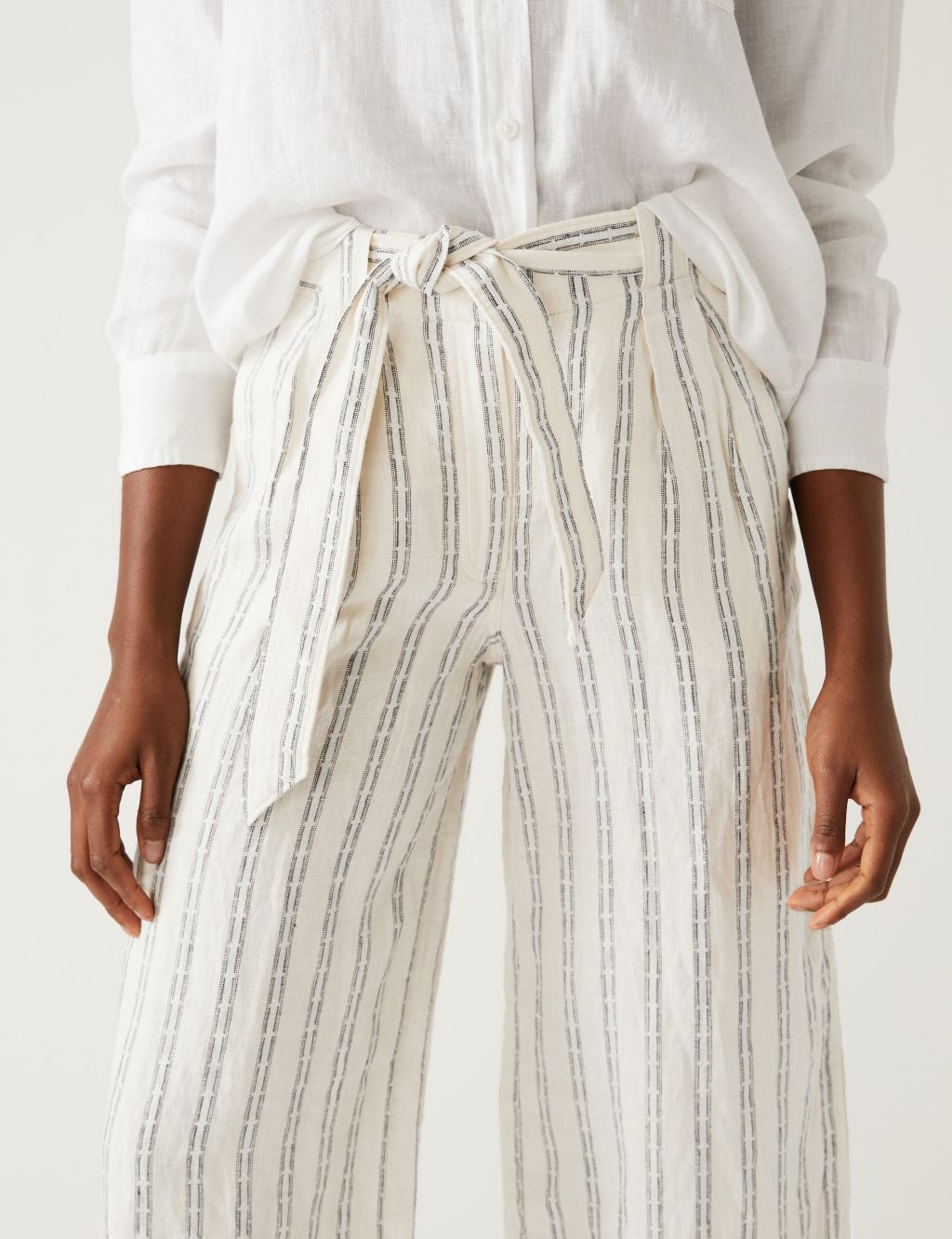 Pure Linen Striped Wide Leg Cropped Trousers image 3