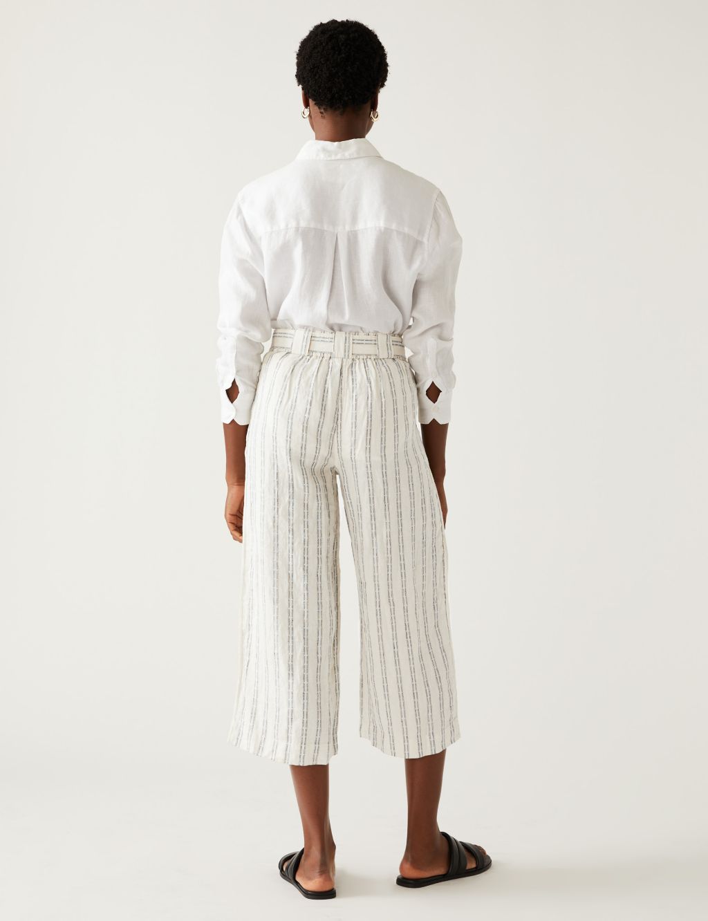 Pure Linen Striped Wide Leg Cropped Trousers image 4