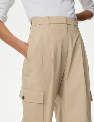 M&S Women's Cotton Rich Cargo High Waisted Trousers - 6SHT - Sand, Sand,Midnight Navy,Black