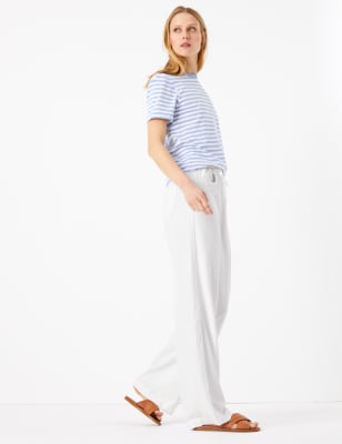 Cotton Linen Pants Women Casual Solid Wide Leg Trousers Autumn