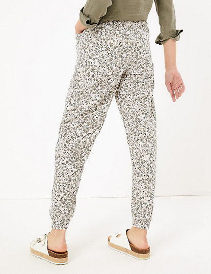 Linen Floral Drawstring Tapered Trousers