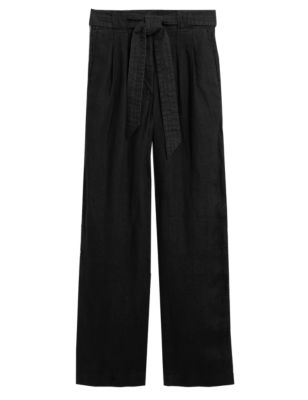 

Womens M&S Collection Pure Linen Belted Wide Leg Trousers - Black, Black