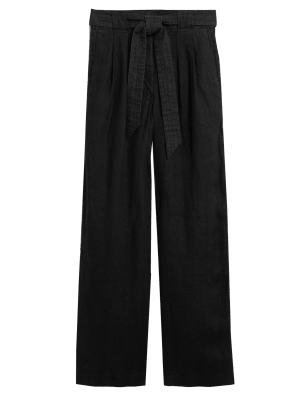 

Womens M&S Collection Pure Linen Belted Wide Leg Trousers - Black, Black