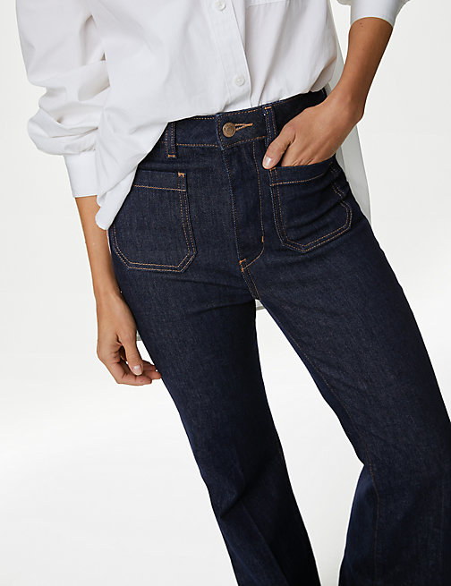 Marks And Spencer Womens M&S Collection Patch Pocket Flare High Waisted Jeans - Indigo Mix, Indigo Mix