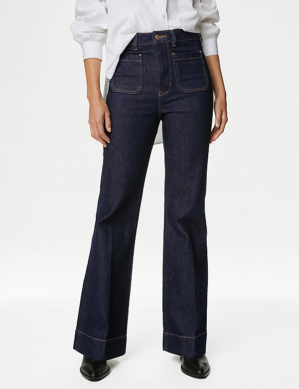 Patch Pocket Flare High Waisted Jeans - OM