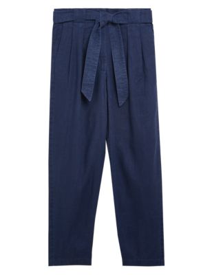 

Womens M&S Collection Pure Linen Belted Tapered Trousers - Navy, Navy