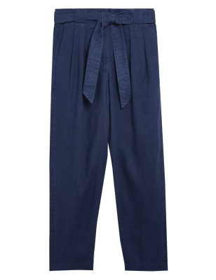 

Womens M&S Collection Schmal zulaufende Hose aus reinem Leinen mit Gürtel - Navy, Navy