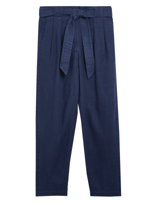 

Womens M&S Collection Pure Linen Belted Tapered Trousers - Navy, Navy