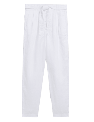 

Womens M&S Collection Pure Linen Belted Tapered Trousers - Soft White, Soft White