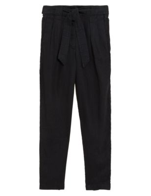 

Womens M&S Collection Pure Linen Belted Tapered Trousers - Black, Black
