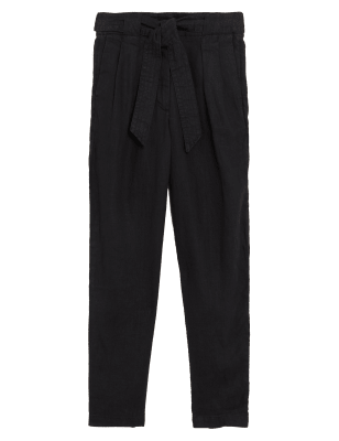 

Womens M&S Collection Pure Linen Belted Tapered Trousers - Black, Black