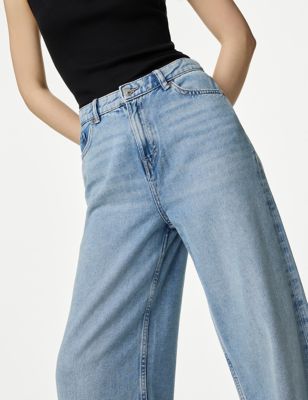 M&S Womens Slouchy Mid Rise Wide Leg Jeans - 18LNG - Light Indigo, Light Indigo,Medium Indigo