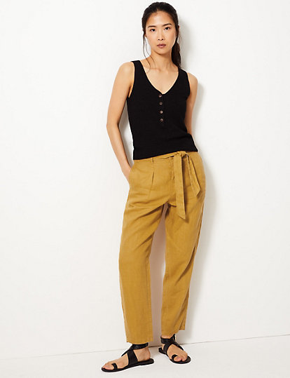 Pure Linen Tapered Leg Trousers