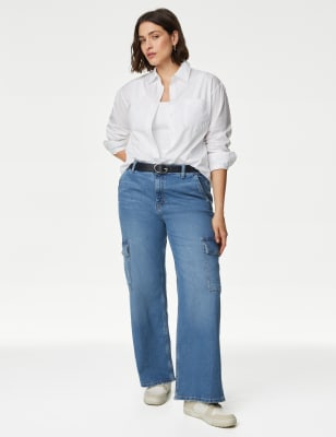 Wide-leg Cargo Pants - Denim blue - Ladies