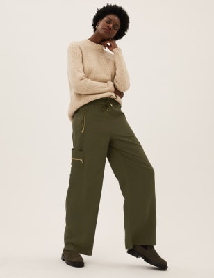 

Womens M&S Collection Utility Zip Detail Wide Leg Joggers - Dark Khaki, Dark Khaki