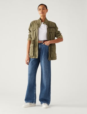 

Womens M&S Collection Hoch geschnittene Jeans aus Leinenmischgewebe mit weitem Bein - Medium Indigo, Medium Indigo