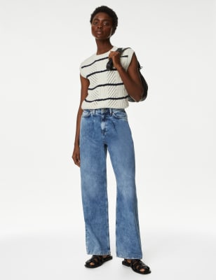 Linen Blend High Waisted Wide Leg Jeans