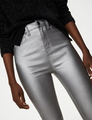 

Womens M&S Collection Ivy Coated High Waisted Skinny Jeans - Silver, Silver