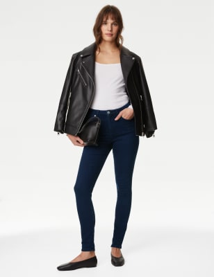 Women's Charcoal Wool Blazer, White V-neck T-shirt, Navy Skinny Jeans,  Black Leather Ankle Boots