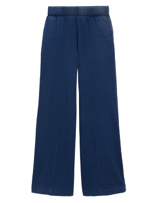 Womens M&S Collection Denim Jersey Wide Leg Joggers - Indigo