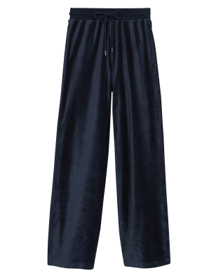 

Womens M&S Collection Velour Drawstring Wide Leg Joggers - Navy, Navy