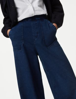 M&S Womens Denim Elasticated Waist Wide Leg Trousers - 6SHT - Medium Indigo, Medium Indigo