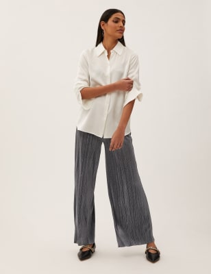 

Womens M&S Collection Plisse Pleated Wide Leg Ankle Grazer Trousers - Grey, Grey