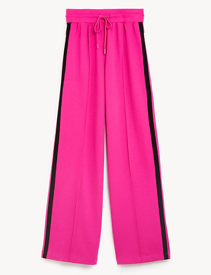 M&S Womens Side Stripe Wide Leg Trousers - 10SHT - Bright Pink, Bright Pink,Black Mix,Navy Mix,Red