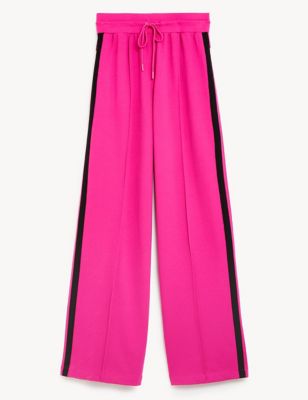 M&S Womens Side Stripe Wide Leg Trousers - 8LNG - Bright Pink, Bright Pink,Black Mix,Navy Mix