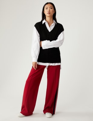 

Womens M&S Collection Side Stripe Wide Leg Trousers - Red, Red