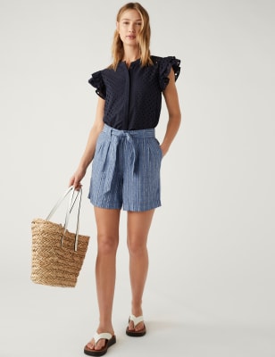 

M&S Collection Pantalón corto de cintura alta de rayas 100% linoWomens - Navy Mix, Navy Mix