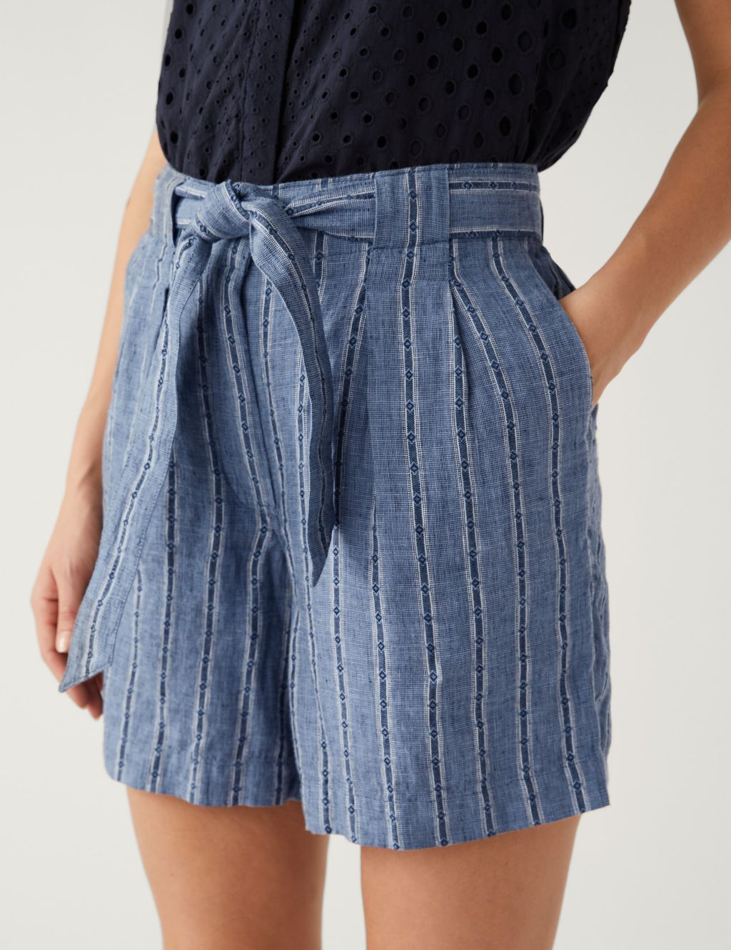 Pure Linen Striped High Waisted Shorts image 2
