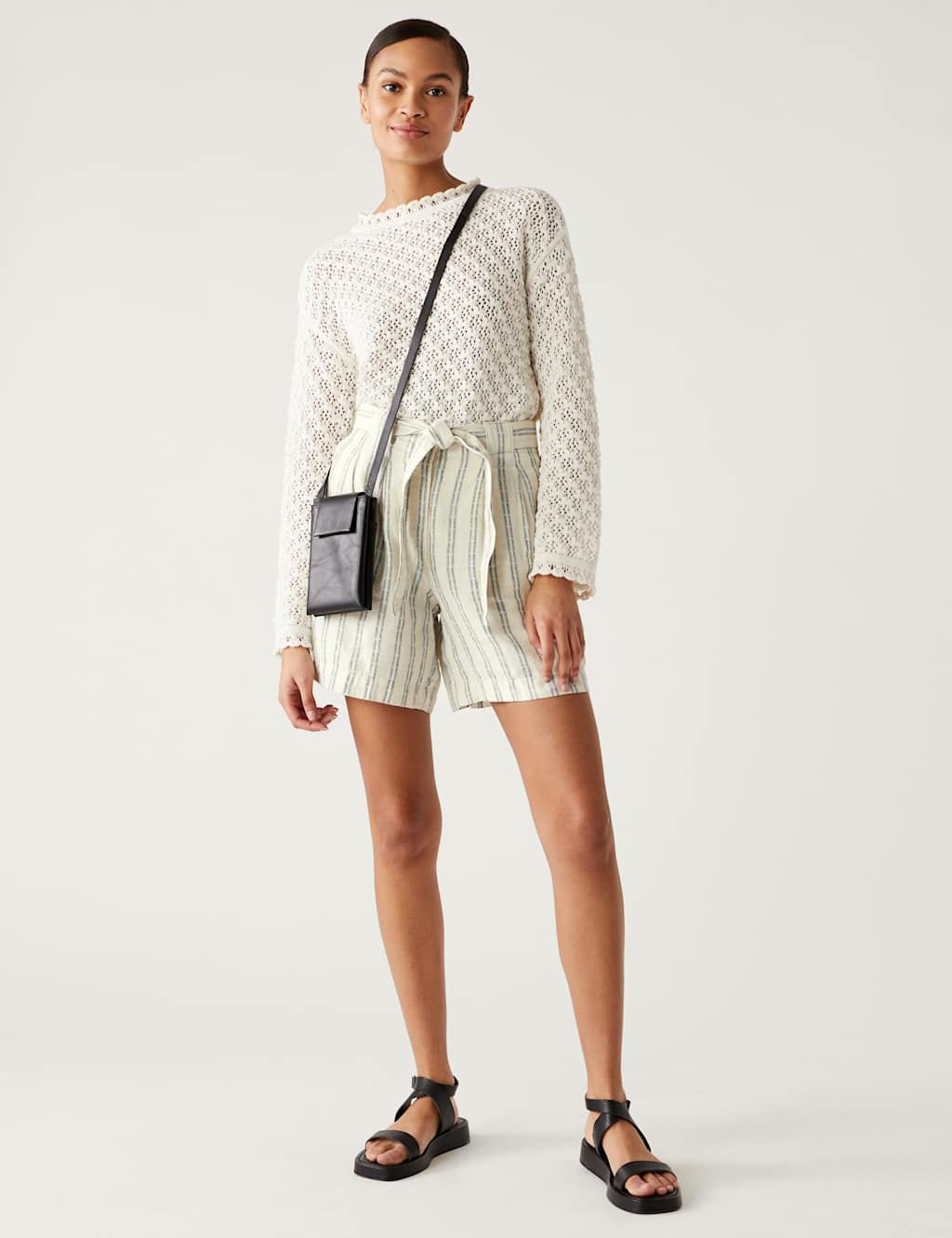 Pure Linen Striped High Waisted Shorts image 1