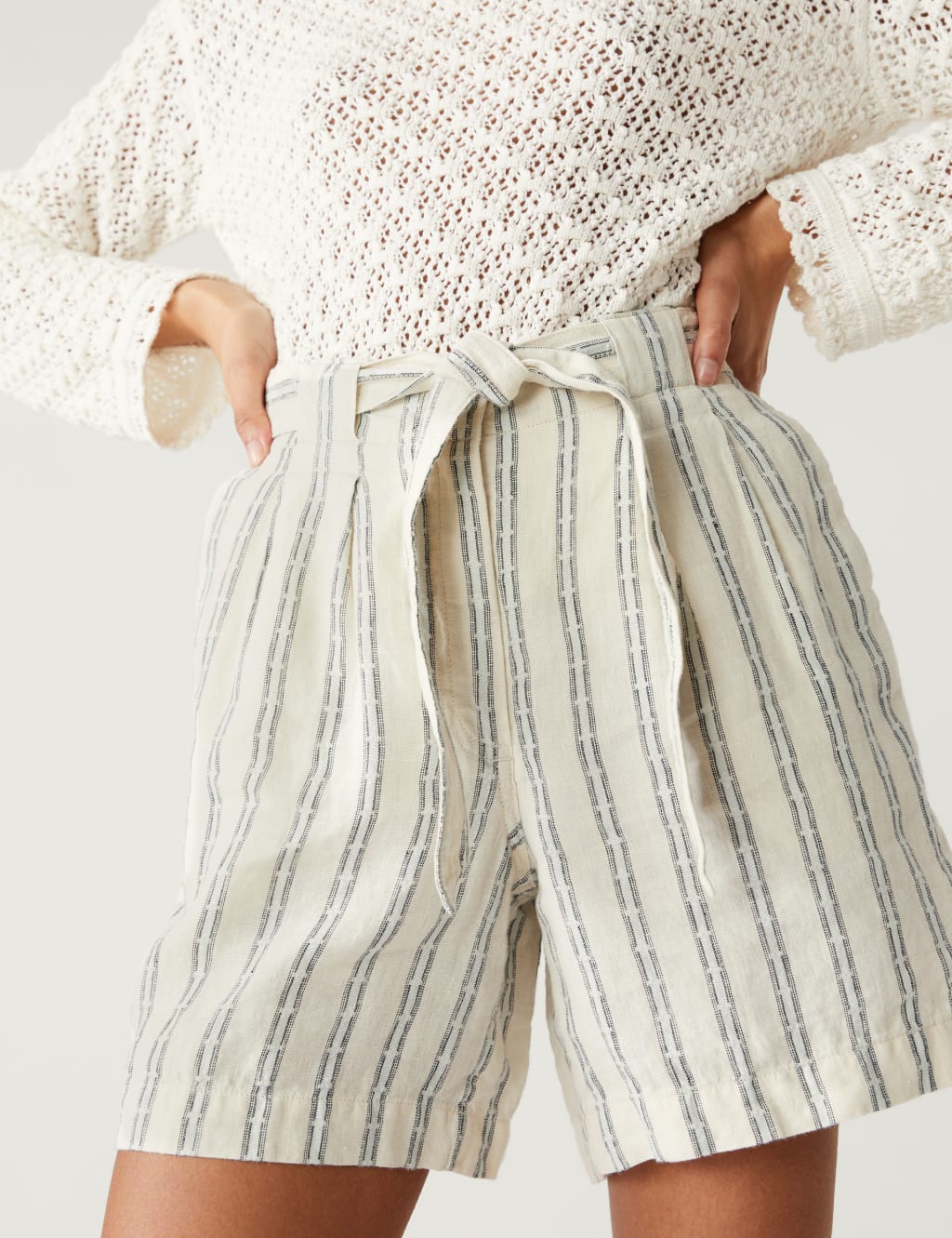 Pure Linen Striped High Waisted Shorts image 2