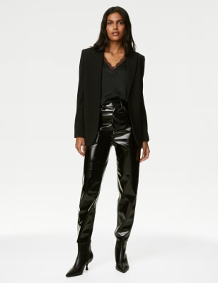 Stradivarius Petite faux leather straight leg pants in black