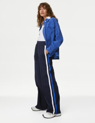 M&S Womens Jersey Side Stripe Wide Leg Trousers - 6LNG - Midnight Navy, Midnight Navy,Black,Buff