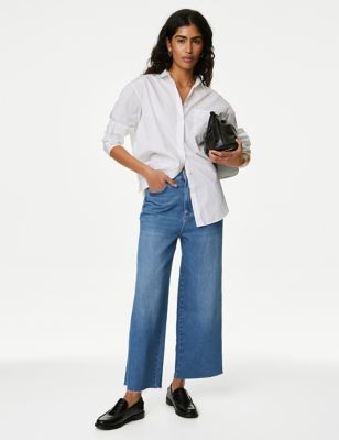 M&S Womens Lyocell Blend High Waisted Wide Leg Jeans - 8REG - Medium Indigo, Medium Indigo,Soft Whi