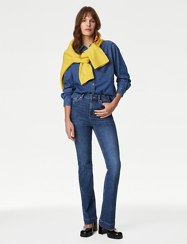 High Waisted Crease Front Slim Flare Jeans - DK