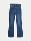 Jeans met hoge taille, slanke pasvorm en wijd uitlopende pijpen met plooi voorop