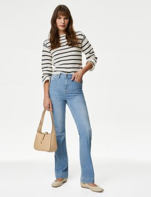 M&S Womens High Waisted Crease Front Slim Flare Jeans - 10REG - Light Indigo, Light Indigo,Medium In