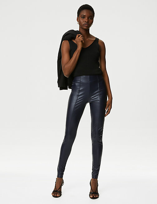 Marks And Spencer Womens M&S Collection Leather Look High Waisted Leggings - Navy, Navy