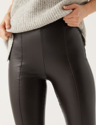 EX M&S Ladies Pull On Faux Leather Leggings Pants Stretch PU Marks Spencer  