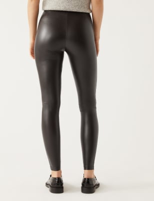  Women Back Zipper Leather Leggings, High Waisted PU